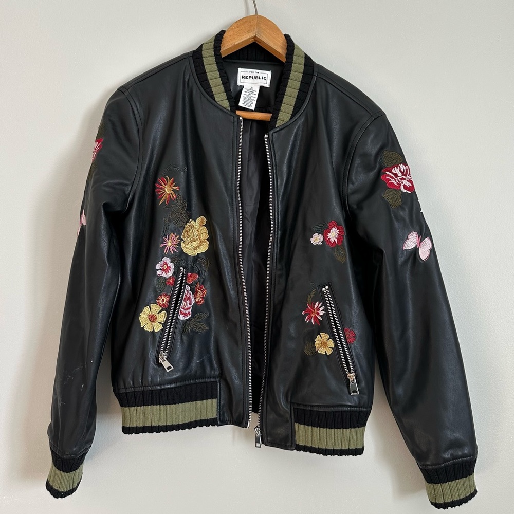 For the Republic bomber faux leather embroidered jacket